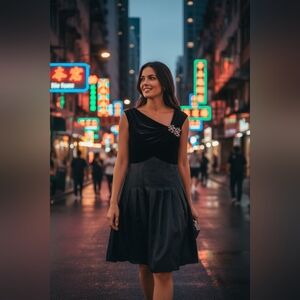 ELIZA J Elegant Black Velvet Dress with Embellishment SIZE 8 WITH RITHSTONES